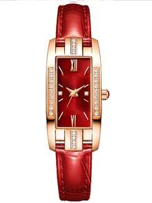 6pcs/Set Quartz Small Watch, Square Roman Numeral Dial, Vintage Dress Watch - Red - View 3