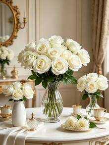 1pc/10pcs/20pcs/30pcs White Artificial Roses Premium Fake Flowers For Home Decor Room Decor Dining Table Decor Wedding DecorBridal Bouquet WristCorsage FlowerArrangement. SuitableForHomeRestaurantBedroomVaseDecoration - White - View 2