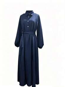 Women's Solid Color Lantern Sleeve Button Half Placket Shirt Dress, Spring/Summer Elegant - Blue - View 4