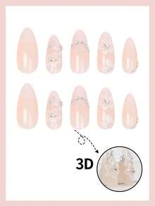 24入中號杏仁形貼片美甲 裸色漸層 3D白色花朵與水鑽點綴 亮面全覆蓋假指甲 女款女孩適用 - 彩色 - 查看 3