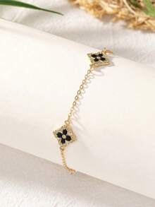 1pc Beach Vacation Style Metal Oil Drip Punk Gothic Flower Anklet, Geometric Clover Minimalist Ankle Chain, Adjustable, Suitable For Women - Black - View 3