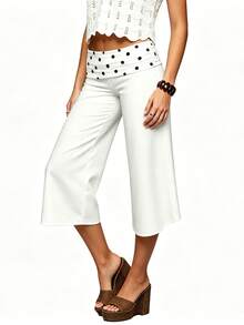 Women 's Fold Over Lounge Capris Wide Leg Low Rise Cropped Gaucho Pants Solid Color Flowy Pajama Bottom - Màu trắng chấm bi - Xem 3