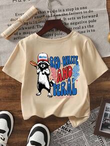 1 pièce T-shirt à manches courtes noir cool de rue pour tout-petits garçons avec imprimé de lettres colorées et de palmiers, Top ample et décontracté - Nude - Voir 3