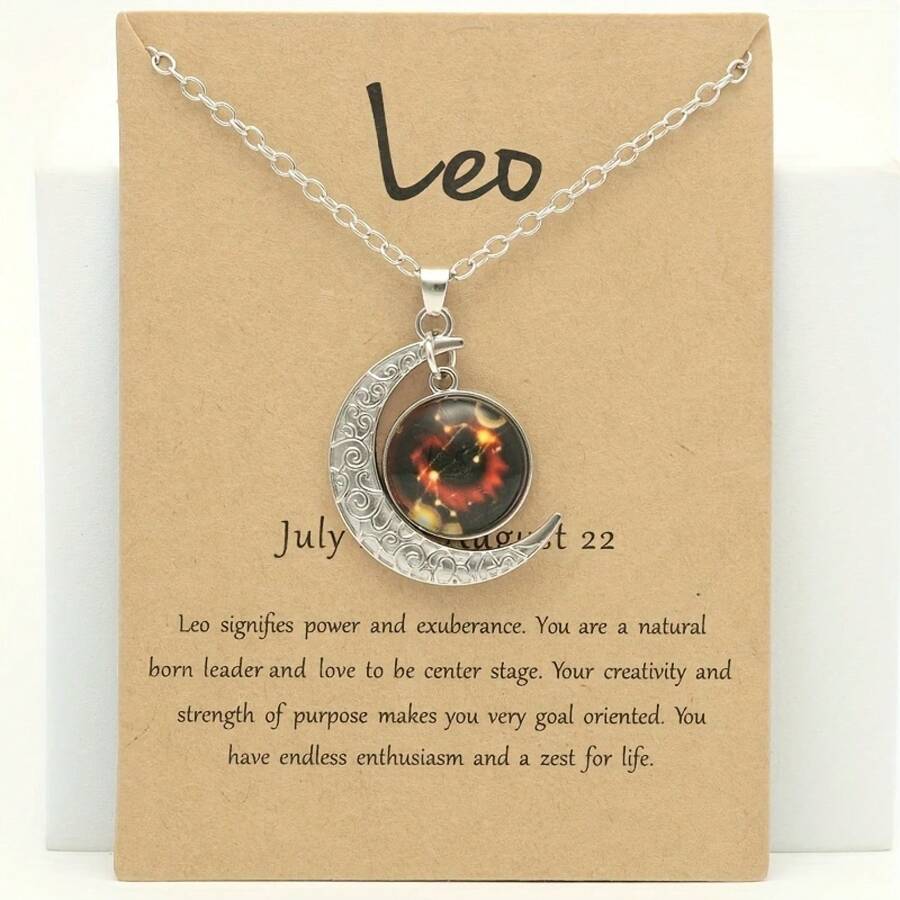 1 Retro Zodiac Moon Pendant Necklace That Glows In The Dark - Vintage Style, Zinc Alloy With Details, Adjustable Chain For Women - Ideal For Everyday Wear And Gifts - 獅子 - 查看 1