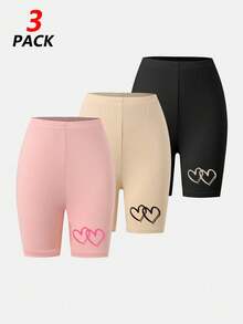 Girls (Older Teens) Spring/Summer Casual Versatile 3-Piece Set: Simple Comfortable Heart Print Biker Shorts & Leggings - Multicolor - View 2