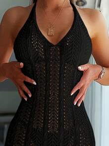 Vestido de playa, color sólido, sexy, con cuello halter en V, diseño calado y semitransparente, ropa de baño y vestimenta para mujer. - Negro - Ver 2