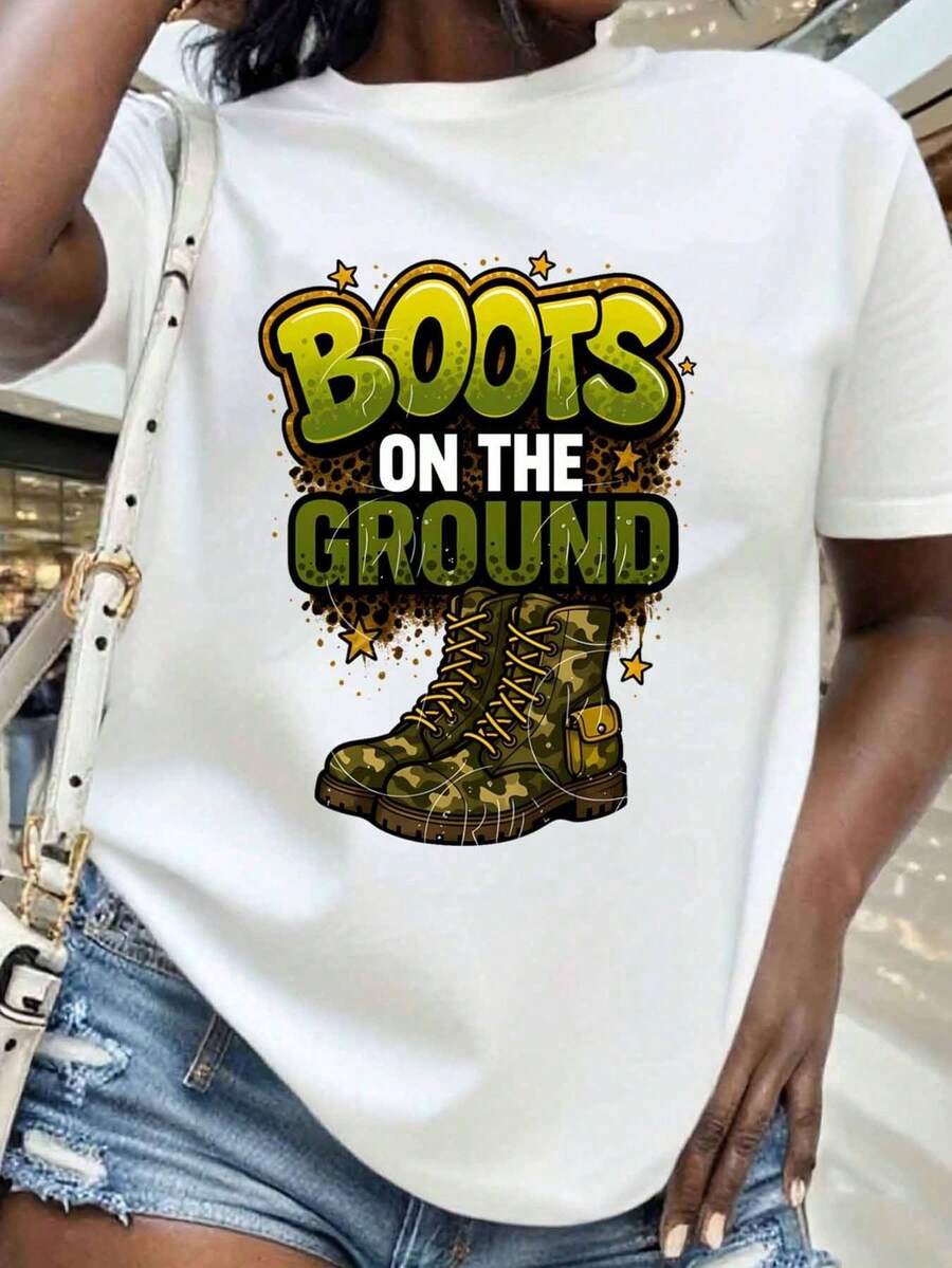 Camiseta casual de mujer con estampado digital de botas militares de camufle para uso diario y actividades al e