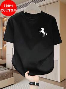 Camiseta de hombre 100% algodón, de verano, manga corta, corte ajustado, cuello redondo, moderna, versátil, transpirable, que absorbe la humedad, con diseño único y sencillo de un caballo blanco al galope. - Negro - Ver 1