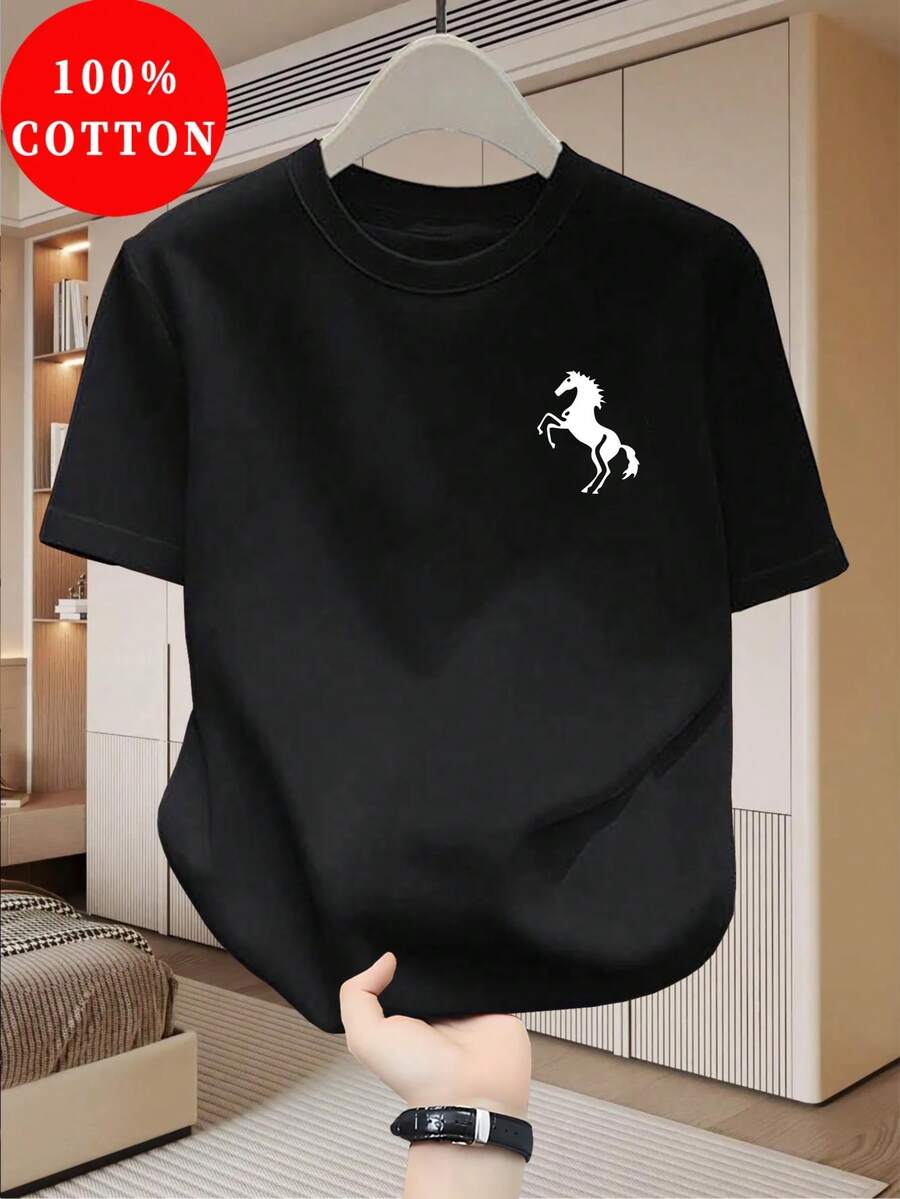 Camiseta de hombre 100% algodón, de verano, manga corta, corte ajustado, cuello redondo, moderna, versátil, transpirable, que absorbe la humedad, con diseño único y sencillo de un caballo blanco al galope. - Negro - Ver 1