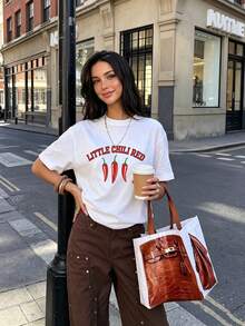 Women's White Round Neck T-Shirt, Chili Style Small Red Letters Print, Y2K Streetwear Style, Casual Loose Knit Top, Cute Basic Tee For Summer - White - View 4