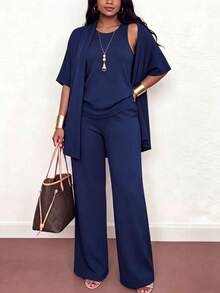 3pcs Casual Plus Size Women's Suit Set: Loose Solid Color Short Sleeve Jacket, Round Neck Tank Top, And Straight Leg Pants. Summer Elegant - Deep Royal Blue - View 9