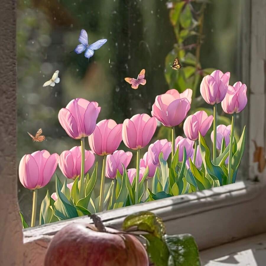 1/3/5pcs Watercolor Pink Tulip Butterfly Wall Window Decal, Self-Adhesive Removable Waterproof Vinyl Sticker For Living Room Bedroom Bathroom Baseboard Glass Door Window. Easy Peel And Stick DIY Wall Art For Home Decor. - Multicolor - View 1