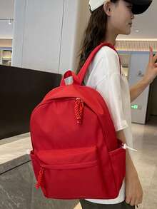 Women's Minimalist Solid Color Nylon Backpack, Lightweight Business Commute Daily Use Backpack, Multi-Pocket Large Capacity Casual Backpack Suitable For Office, Work, Travel, School - Red - View 7