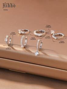 Hihho 6pcs/Set Zirconia Stone Earring Set, Floral & Heart Designs, Sweet & Lively Style, Includes Clover, Hollow Pave, Minimalist Hoop, And Clover Pendant Styles, Suitable For Daily, Work, And Light Social Occasions - Silver - View 10
