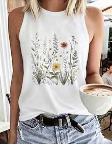 Women Sleeveless Tank Top, Vintage Wildflower Print, Racerback Loose Fit, Soft Cotton Mid-Length Vest; Boho, Daily/Vacation/Layering Casual Wear - 白色 - 查看 1