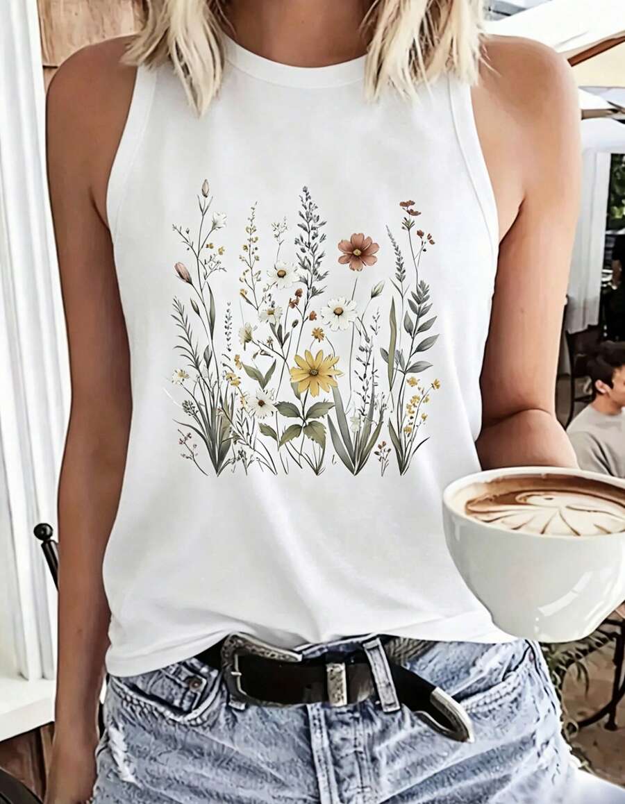 Women Sleeveless Tank Top, Vintage Wildflower Print, Racerback Loose Fit, Soft Cotton Mid-Length Vest; Boho, Daily/Vacation/Layering Casual Wear - 白色 - 查看 1