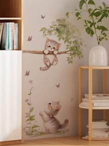 1 buah Stiker Dekorasi Dinding Kucing Lonceng Lucu Memanjat Ranting Pohon, Bunga, dan Kupu-kupu, Stiker Dekorasi Ruangan yang Dapat Dilepas untuk Kamar Tidur, Ruang Tamu, Kamar Anak Laki-laki dan Perempuan - 1PC - View 1