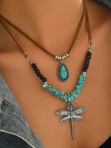2pcs/Set Layered Vintage Turquoise Necklace, Korean Velvet Dragonfly Alloy Hollow Water Drop Pendant Necklace - Multicolor - View 2