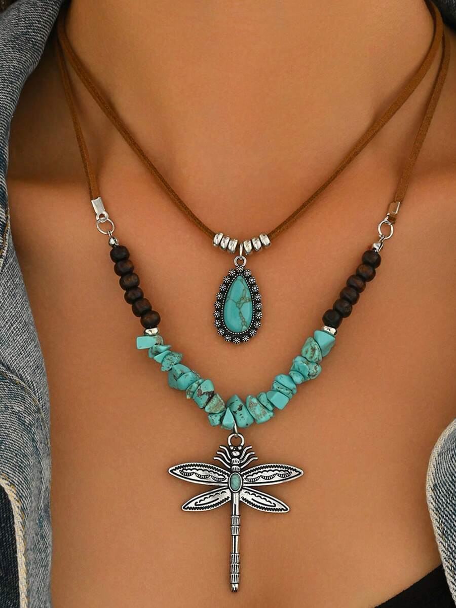 2pcs/Set Layered Vintage Turquoise Necklace, Korean Velvet Dragonfly Alloy Hollow Water Drop Pendant Necklace - Multicolor - View 1