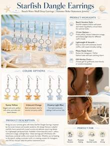 1 par de pendientes colgantes de estrella de mar | pendientes colgantes de concha de ola de playa | joyería de declaración bohemia de verano - Multicolor - Ver 3