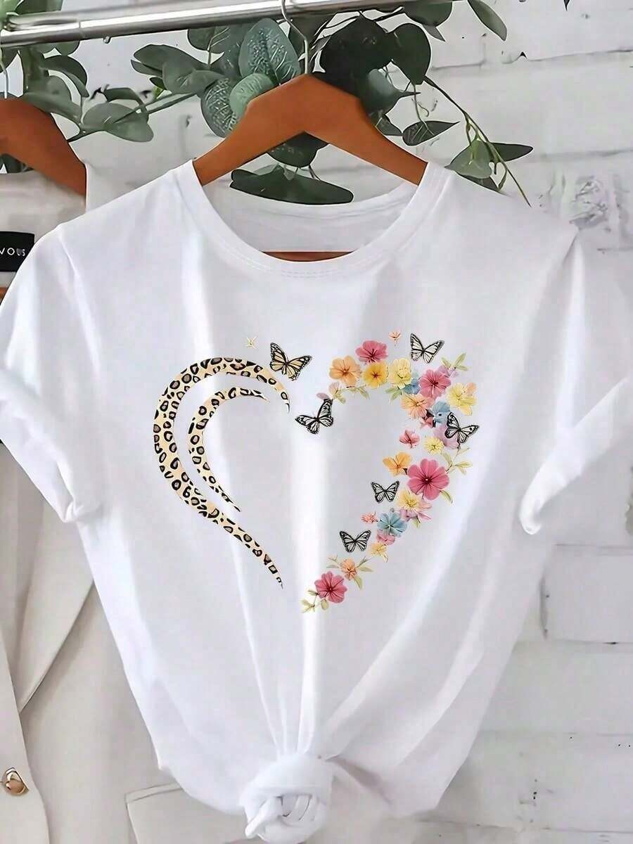 Summer Blouse In Pure Cotton, Round Neck, Short Sleeves With Heart Design, High-Quality And Fashionable Knit Fabric, Comfortable Casual Top For Daily Wear, Women's Shirts - 白色 2 - 查看 1