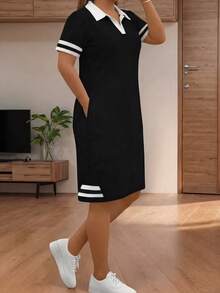 Spring Summer Autumn New Fashion Casual Versatile Patchwork Striped Contrast Color Solid Short Sleeve Polo Collar Pocket Dress Elegant - Black - View 2