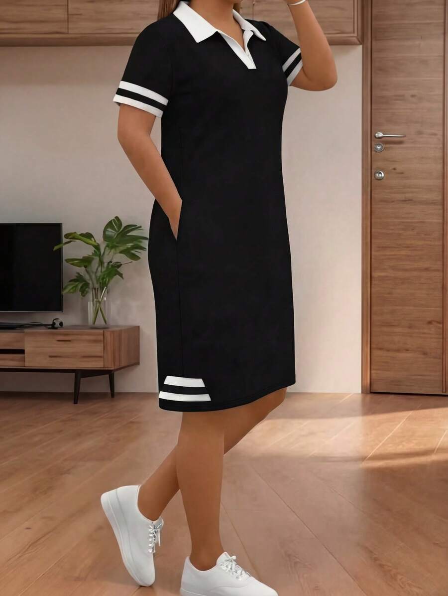 Spring Summer Autumn New Fashion Casual Versatile Patchwork Striped Contrast Color Solid Short Sleeve Polo Collar Pocket Dress Elegant Black - Black - View 1