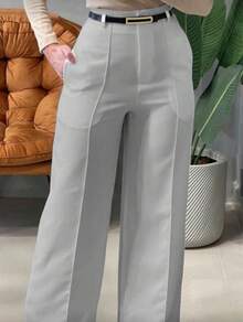 Women's Tailored Dress Pants With Belt, Luxury Wide-Leg Pants - Gray - View 6