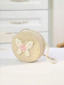 1pc New Style Children's Straw Woven Cute Flower Coin Purse Crossbody Small Round Bag - Butterfly - View 9