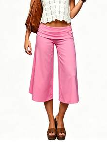 Women 's Fold Over Lounge Capris Wide Leg Low Rise Cropped Gaucho Pants Solid Color Flowy Pajama Bottom - 玫瑰紅 - 查看 5