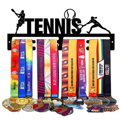 1-osaline tennise kuld-hõbedane pronksmedali vitriin, metallist seinakaunistusega hoiuriiul, sobib spordiauhindade jaoks, ilmastikukindel kollektsiooniesemete väljapanek, ideaalne spordihuvilistele ja sportlastele, sise- ja välistingimustes kasutamiseks, ideaalne kingitus spordifännidele ja meistritele