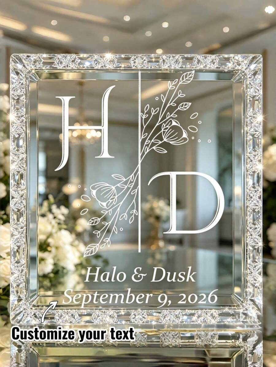 Custom Wedding Mirror Stickers, Suitable For Baby Shower, Party, Event, Personalized Welcome Sign, Exquisite Floral Art Font Customized Initial, Name And Date Wedding Easy-To-Apply Vinyl Text Wall Decal, Celebration Party Wall Sticker - Multicolor - View 1