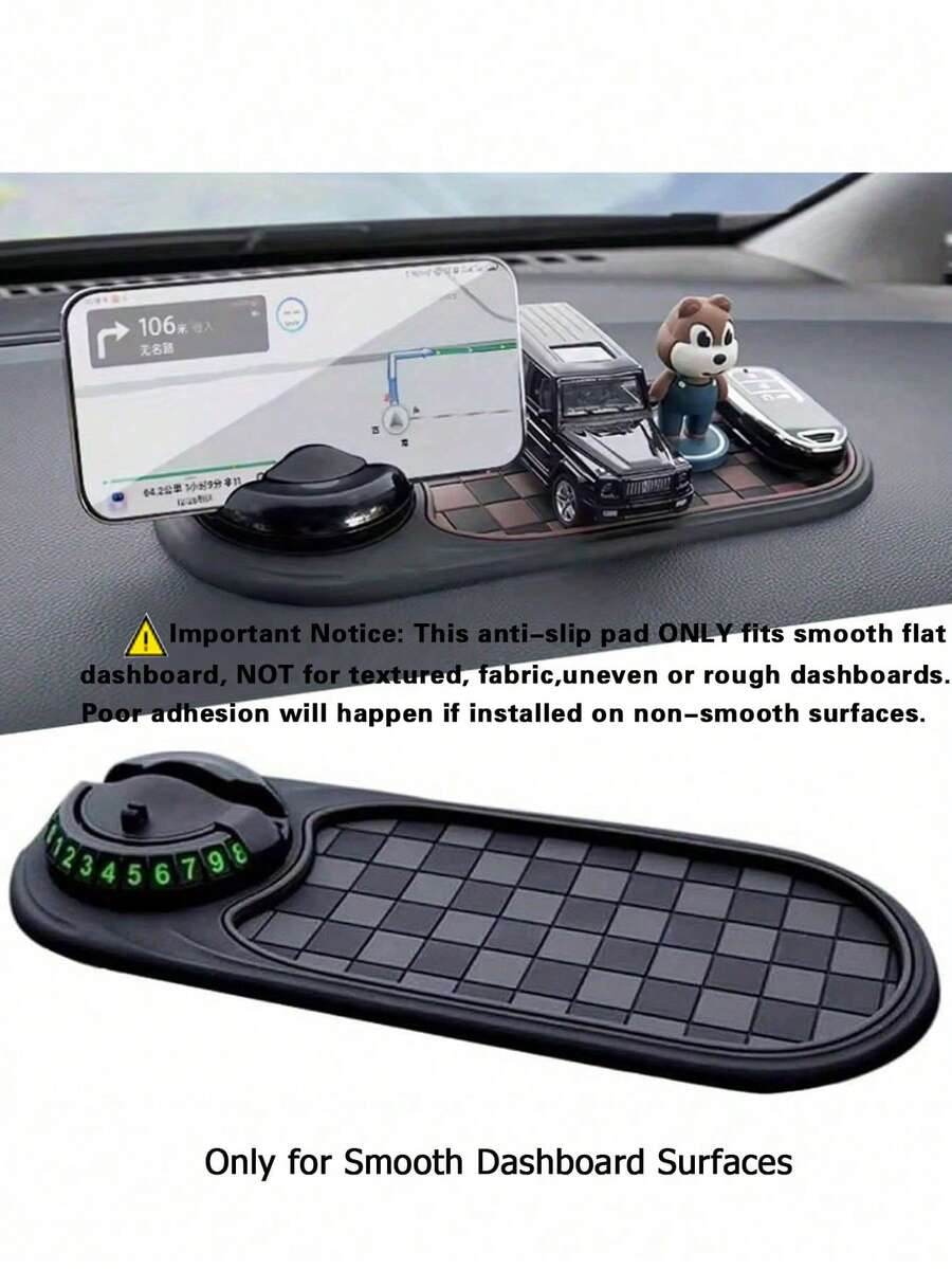 汽車儀表板防滑墊，附彈簧手機支架與臨時停車牌，僅適用於光滑塑料儀表板，防滑摩擦力有限，僅適合薄型小手機，不相容大尺寸厚殼智慧型手機