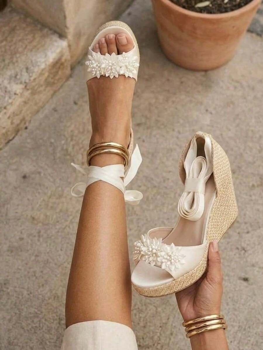Women's Platform Sandals, Jute Wedge, Espadrille Wedge, High Espadrilles, Tie Straps, Wedge Heel, Comfortable, Casual, Boho, Summer, Women's Fashion - 白色 - 查看 1