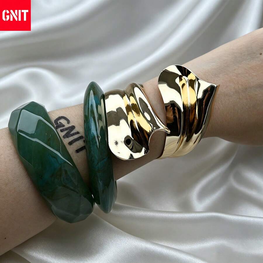 GNIT Green Marbled Faceted Resin & Asymmetric Fold Gold Cuff Bracelets For Women, 3PCS/1pc Chunky Stackable Open Bangle Vintage Statement Jewelry Set - Peacock Blue. Peacock Blue. Gold - View 1