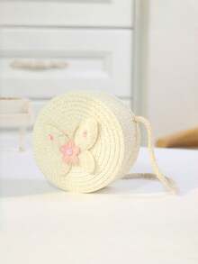 1pc New Style Children's Straw Woven Cute Flower Coin Purse Crossbody Small Round Bag - Butterfly - View 10
