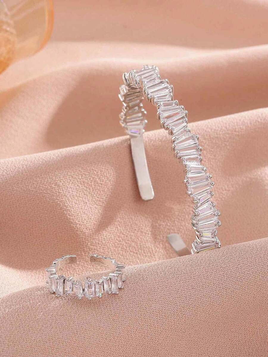 rakol 2pcs Fashion Cubic Zirconia Asymmetrical Square Decor Silver Open Ring & Bracelet Set - Silver - View 1