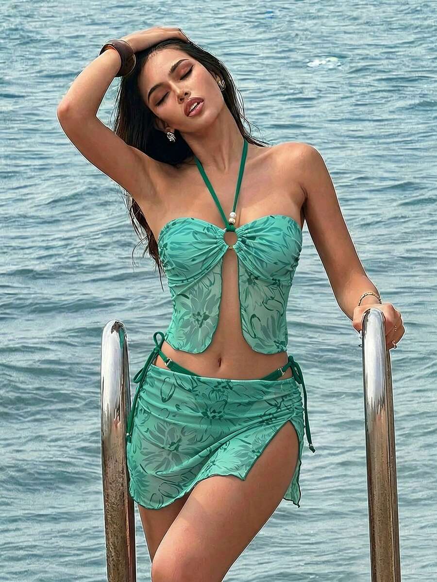 新款春夏性感情人节花卉印花网纱拼接串珠三件套比基尼，吊带泳装，适合海滩、泳池、派对度假等场合。