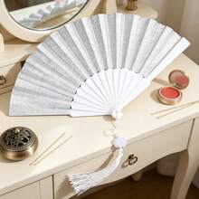 Glitter Gold Folding Hand Fan With Tassel Pendant, Solid Yellow Shiny Fabric Hand Fan For Party Costume Qipao Photoshoot Decor - Gold Powder Flat Panel Fan - View 5