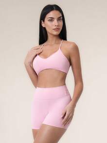 TimeOff 2pcs Women's Fitness Set, Halter V-Neck Y-Back Sports Bra + High Waist V-Stitch Shorts - Pink - View 8