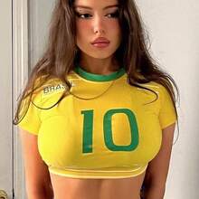 Retro Street Style Baby T-Shirt, Brazil Green Letter Print Crop Tops For Women, Slim-Fit Short Sleeve Casual Wear Y2k 2024 - nz965--- - 查看 1