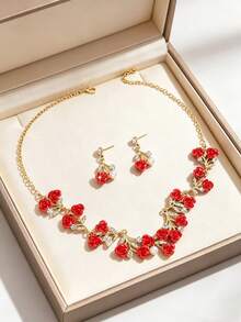 1 Set Sweet Elegant Rose Necklace And Earrings Set, Women's Holiday Birthday Date Ball Party Vacation Shopping Accessories - Rose - View 12