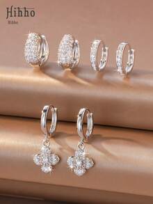 Hihho 6 Stücke/Set Zirkonia Stein Ohrringe Set, Blumen- & Herz-Designs, süßer & lebendiger Stil, beinhaltet Kleeblatt, Cut Out Pavé, minimalistischer Creolen und Kleeblatt Anhänger Stile, dichte Zirkonia Einbettung mit glänzender Oberfläche, geeignet für den täglichen Gebrauch, den Arbeitsweg und leichte gesellige Anlässe - Silber - Übersicht 9