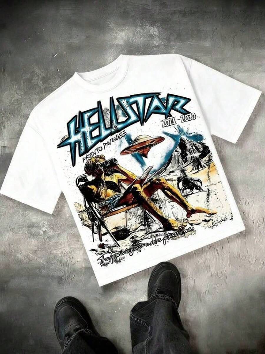 T Shirt Print ,Graphic-Cotton Tees Size Plus, Cartoon Round Neck Short Sleeve, Hellstars Path To Paradise UFO Alien Y2K Graphic T-Shirt,220g 100% Cott - 白色 - 查看 1