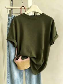 Women's Cotton Crew Neck Tee,Print Italian Slogan Graphic Short Sleeve T-Shirt, Soft Casual Loose Top For Summer Daily Outfits & Streetwear. - Dark Green - View 4