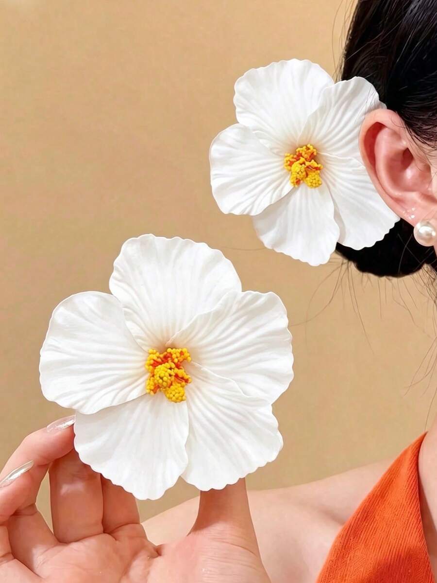 2件組女款白色扶桑花熱帶花卉髮夾，適合夏季海灘度假旅行、日常與假日派對髮飾