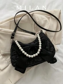 Fashionable Pearl Chain Handbag Shoulder Bag - Black - View 1