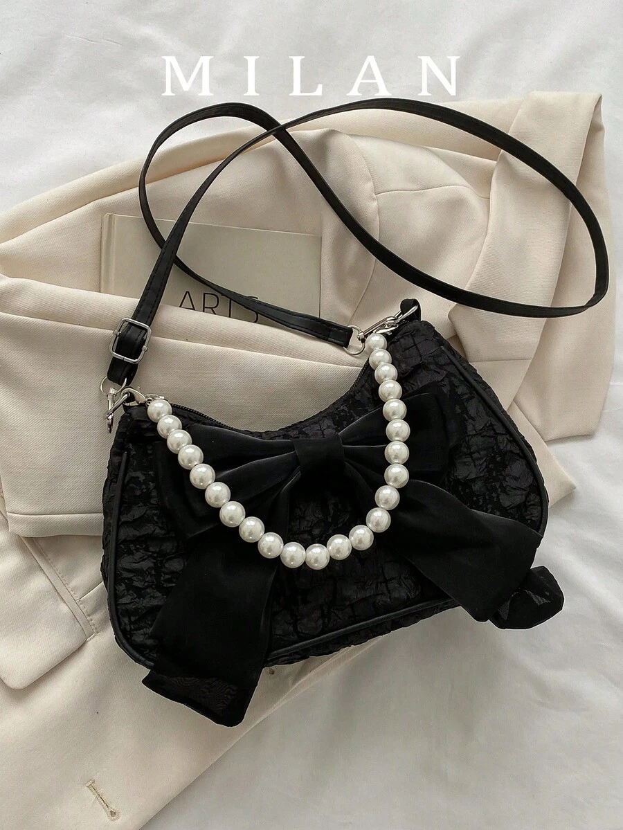 Fashionable Pearl Chain Handbag Shoulder Bag - Black - View 1