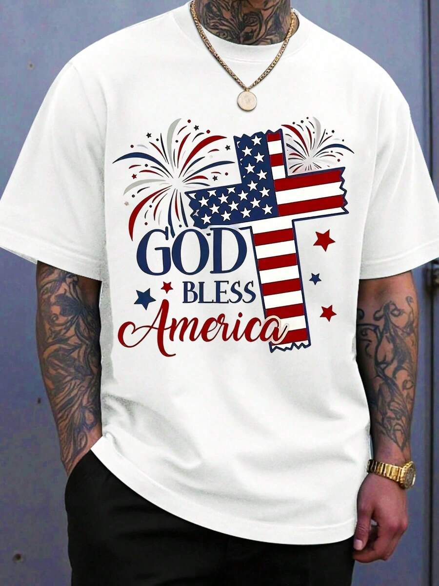 ta Patriótica con Bandera de Cruz "God Bless America" para Celebración del Día de la Independencia del 4 de Julio, Unisex, Diseño de Estrellas Rojas, Blancas y Azules con Fuegos Artificiales - Blanco - Ver 1