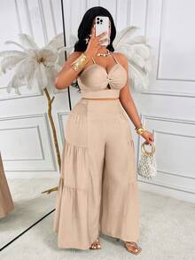 AIJ Amarilo Plus Size Women Summer Vacation Twist Cami Top + Pleated Wide Leg Pants 2 Pieces Set - Essential For Beach Outfit, Summer Clothing Elegant - Apricot - View 3